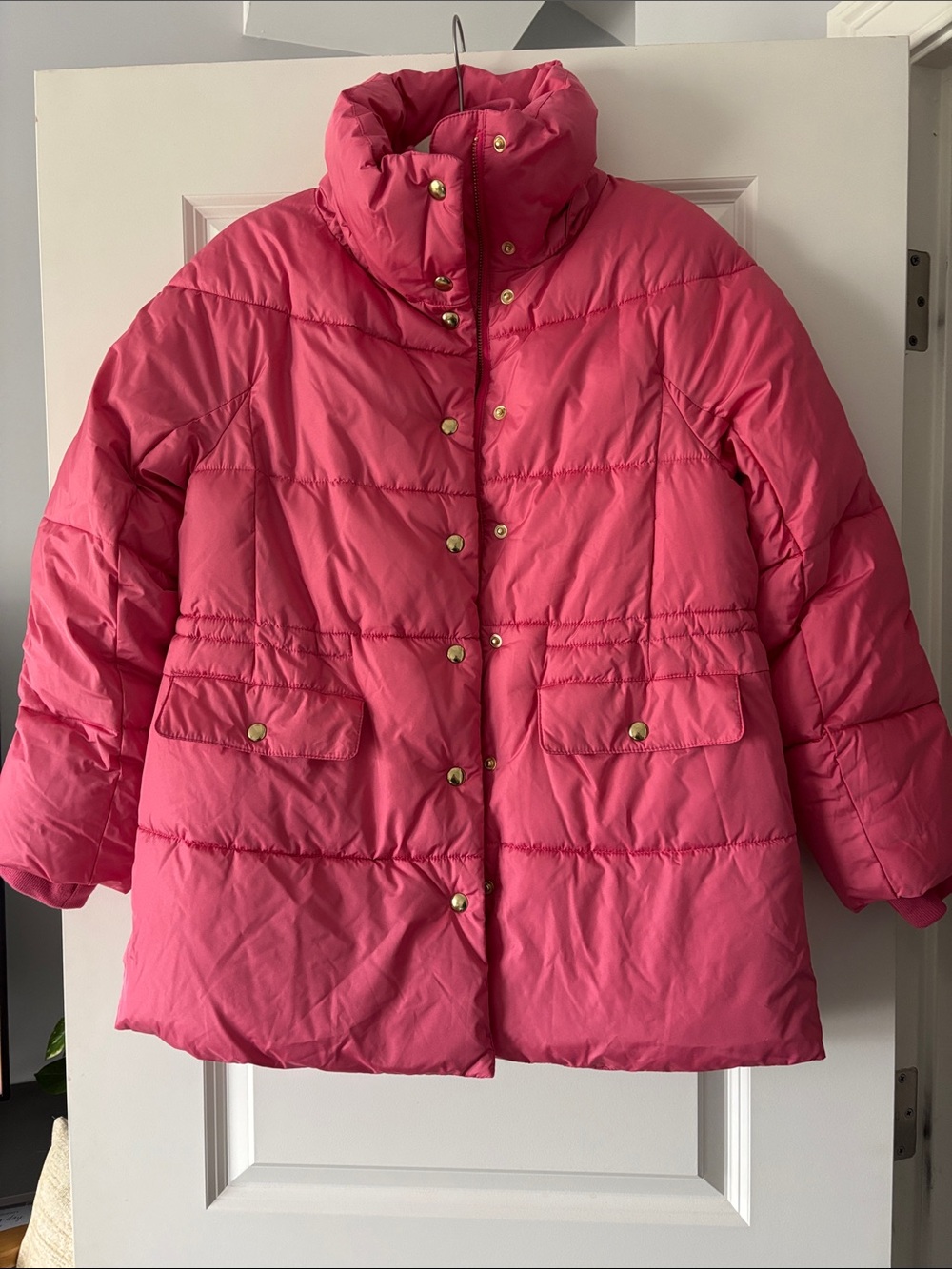 J. Crew Hot Pink Quilted Puffer Coat with Gold Snaps